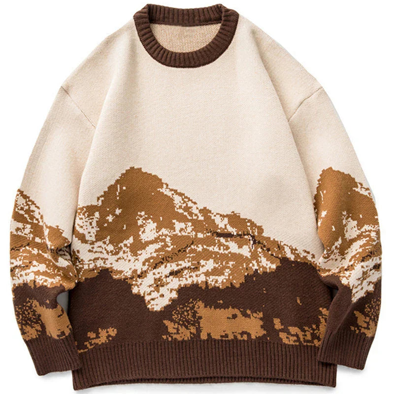 Pull Tricoté Wyoming Inspiré Par Les Montagnes Enneigées En Mélange Laine Bleu Brun Coupe Oversize