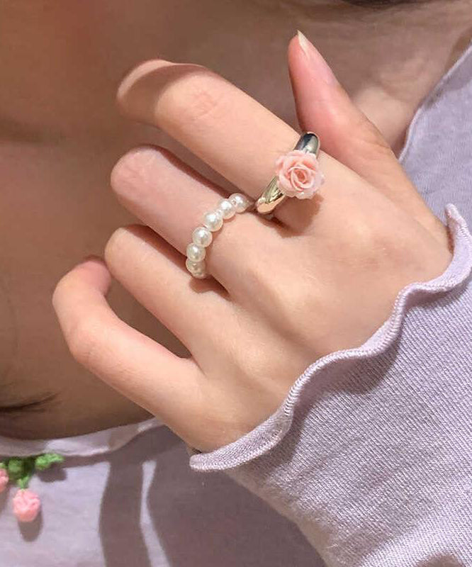 Ensemble de deux bagues florales en alliage faites à la main avec perles - Amawinc