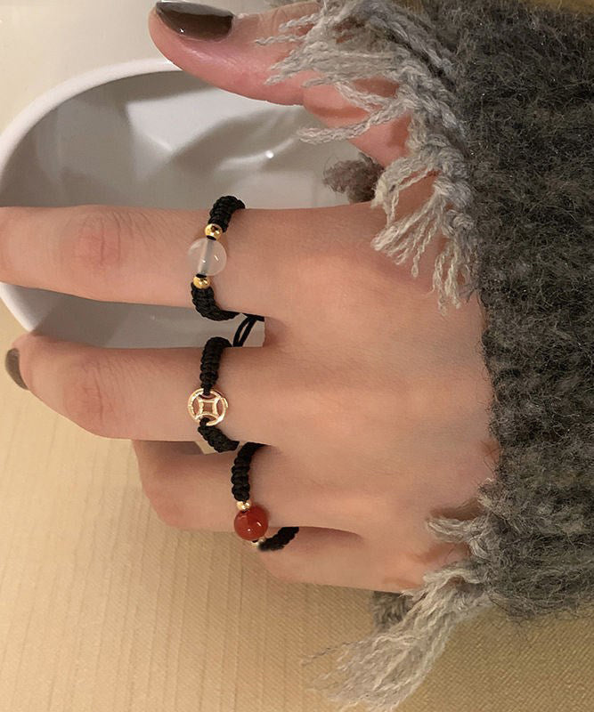 Ensemble de trois bagues en cuivre et cristal d'agate noire tissées à la main - Amawinc