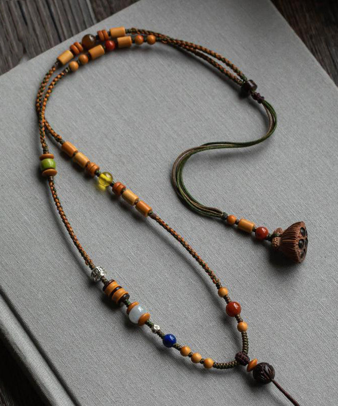 Collier pendentif en perles tissées à la main marron fait main - Amawinc