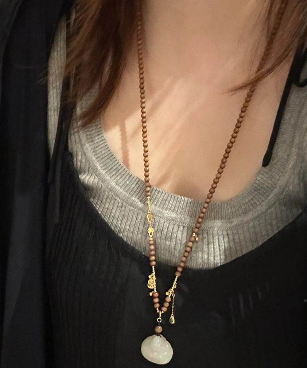 Collier pendentif en perles de bois de santal surdoré en argent sterling marron fait main - Amawinc