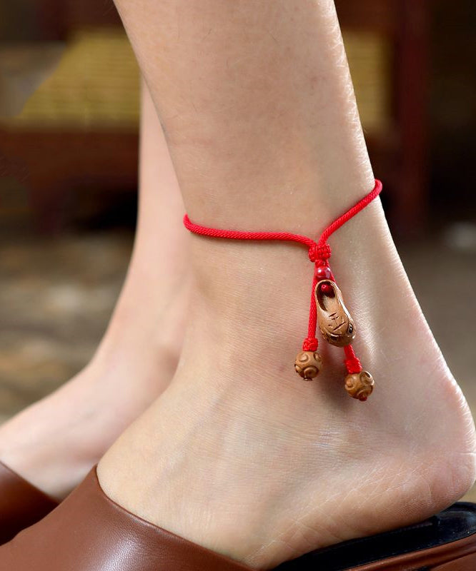 Bracelets de cheville en bois de pêcher rouge tissés à la main avec tête de tigre - Amawinc