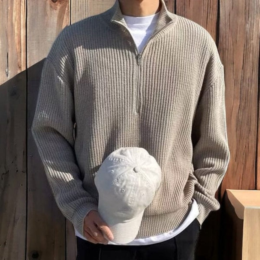 Pull Homme Demi Zip En Mélange De Laine Style Nordique Texture Côtelée Coupe Décontractée Pour Hiver