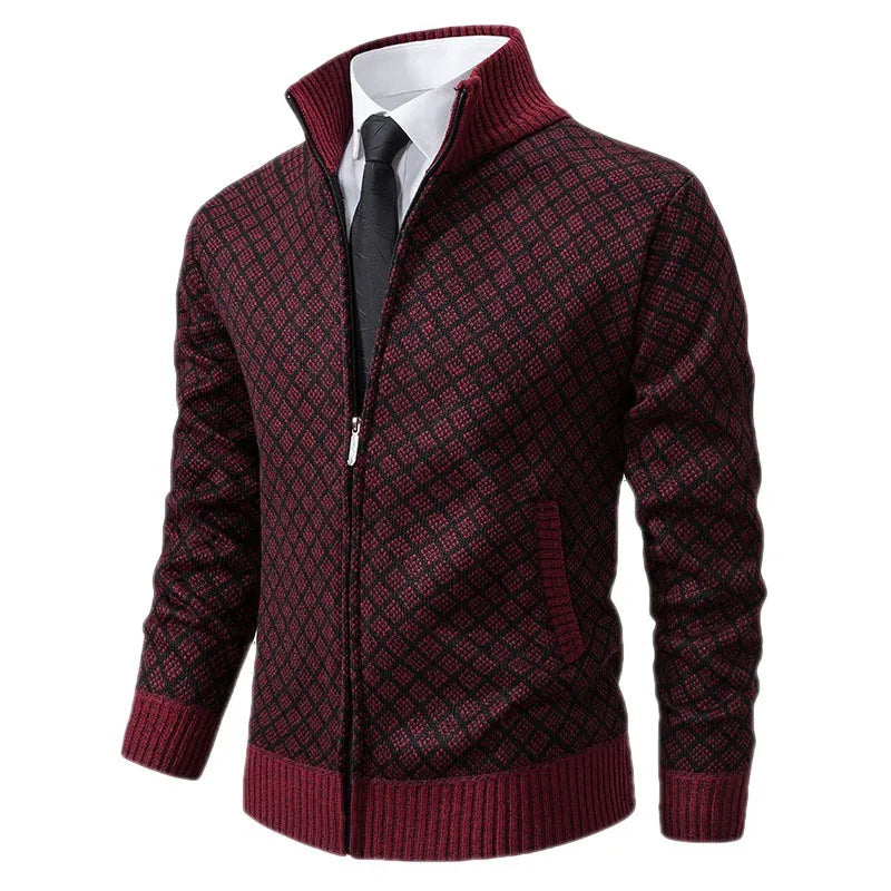Cardigan Homme Zippé Col Haut Motif Tricot Côtelé Avec Poches Frontales Pour Homme Moderne