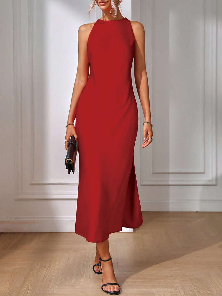 Robe Longue Sans Manches Brielle Maxi Élégante Avec Dos Architecturale Et Ouvertures Latérales Amawinc