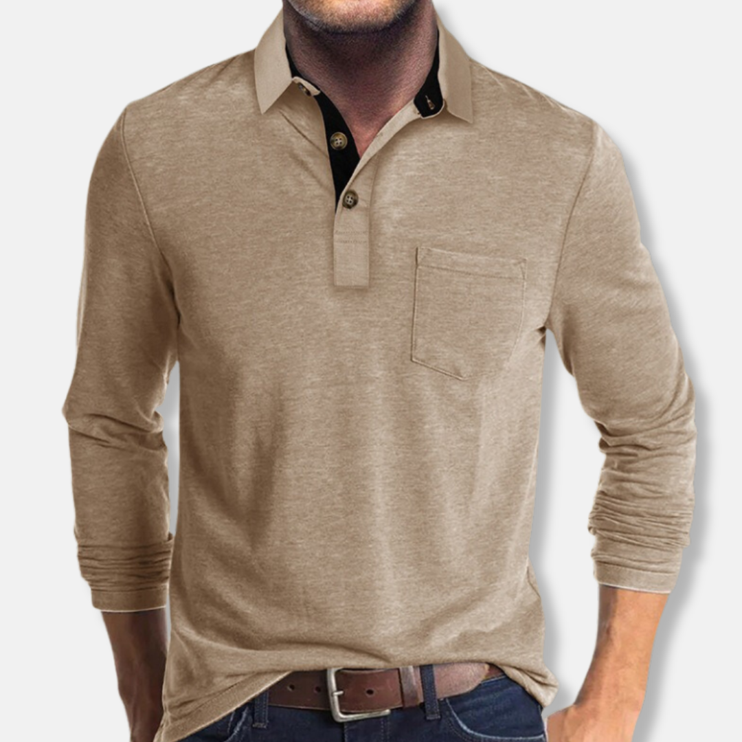 Polo Homme Manches Longues En Maille Coton Mélangé Col Contrasté Coupe Regular Pour Style Smart Casual Décontracté