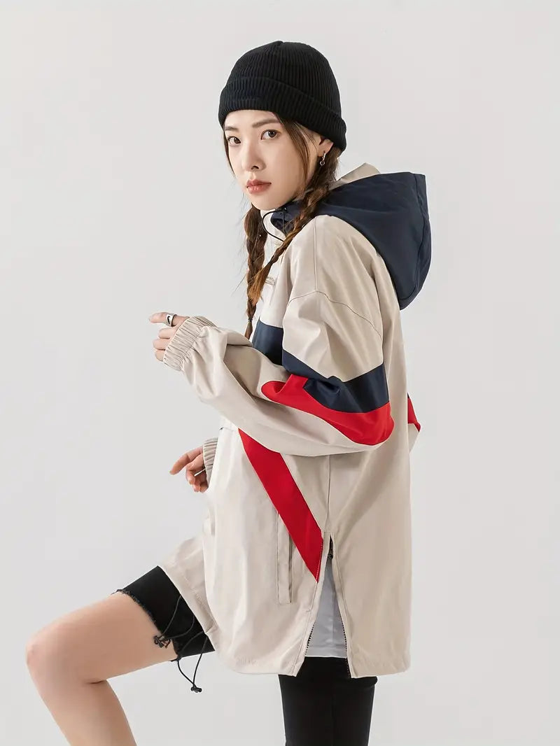 Color Blocked Hooded Drawstring Jacket with Zipper Pocket