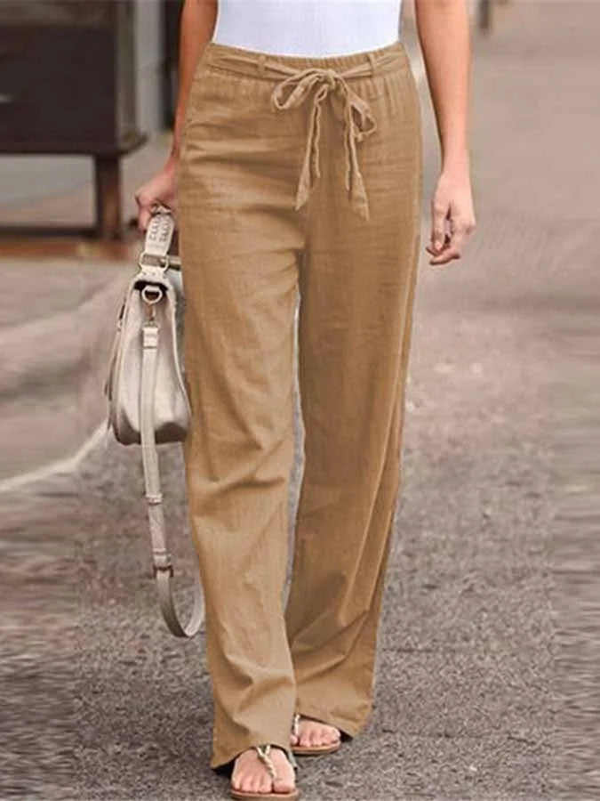Pantalon Femme Jambe Large Taille Haute en Lin Mélangé Ceinture Nœud Longueur Totale