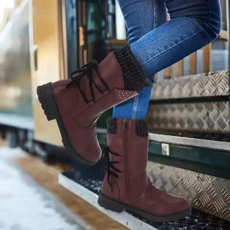 Bottes d'Hiver À Lacets Pour Femmes Amawinc En Suède Avec Doublure Chaude Mi-Mollet Chic et Confortables