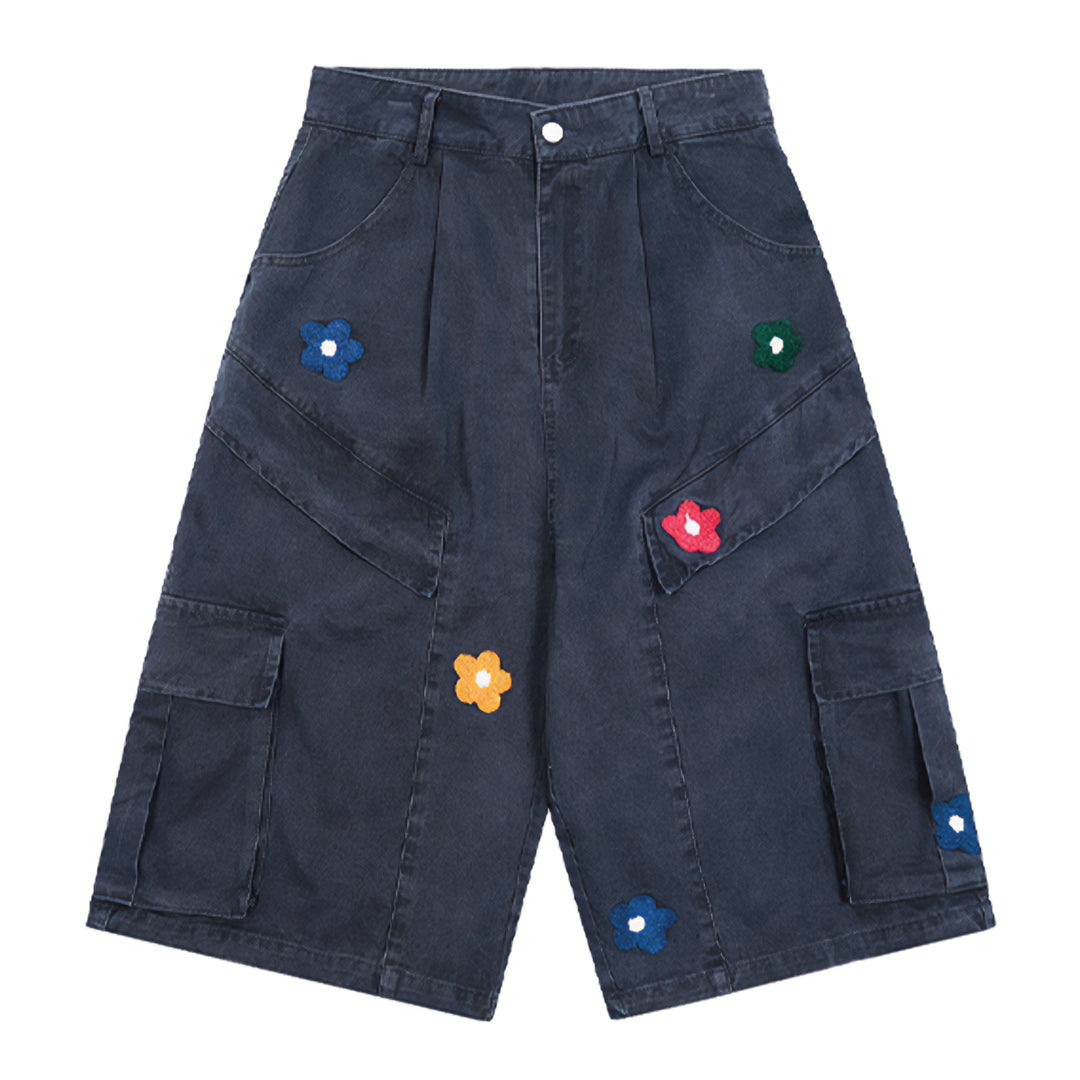 Shorts Cargo En Denim De Coton Larges Poches Multiples Et Fleurs Tricotées Brillantes Allure Décontractée Et Créative