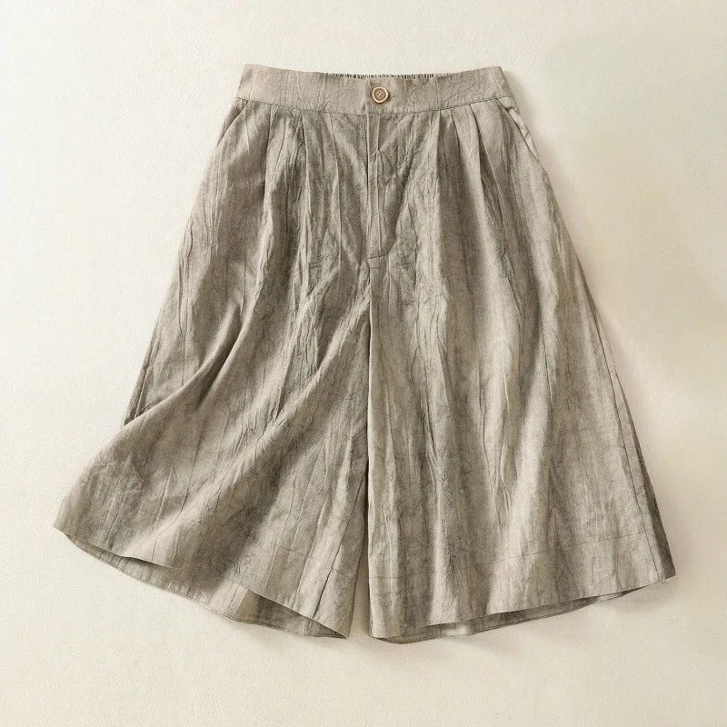 Shorts Évasés En Lin Leona À Bouton Devant Avec Poches Confortables Pour Weekend Décontracté