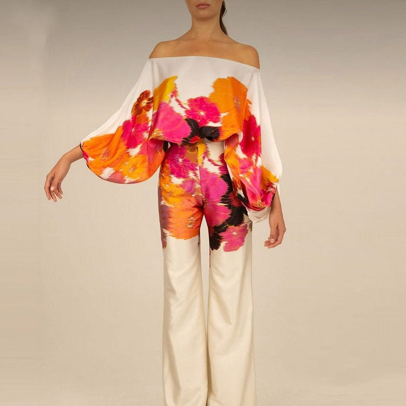 Ensemble Femme En Soie Mélange Décontracté Blouse À Une Épaule Pantalon Large Élégant Et Chic