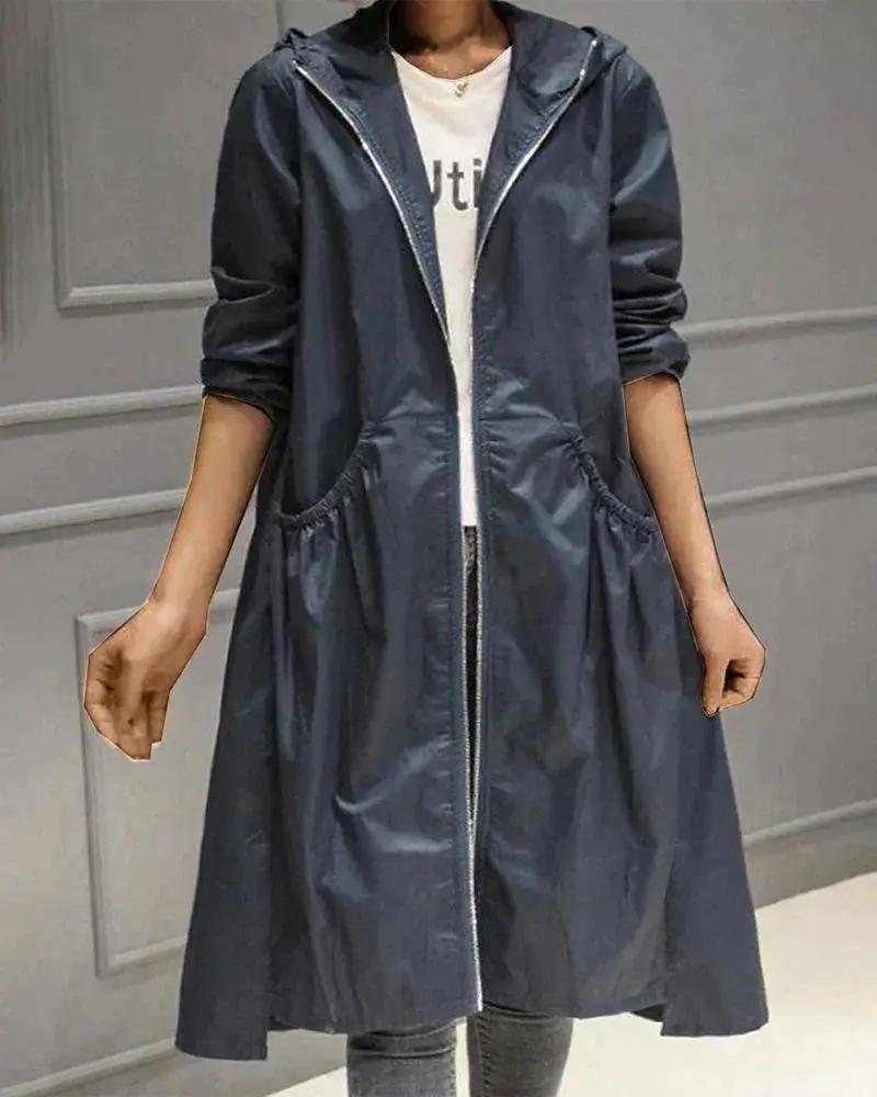 Long Manteau Imperméable Pour Femme Avec Capuche Et Fermeture Éclair Complète Résistant Aux Intempéries Élégant