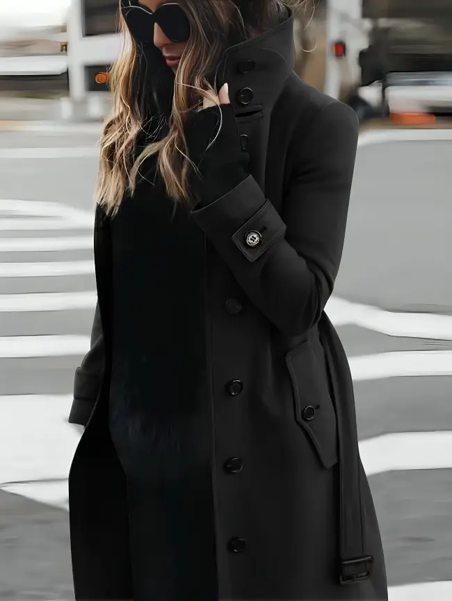 Manteau Long Pour Femme À Col Montant Élégant Et Polyvalent Avec Ceinture Et Doublure Chaude