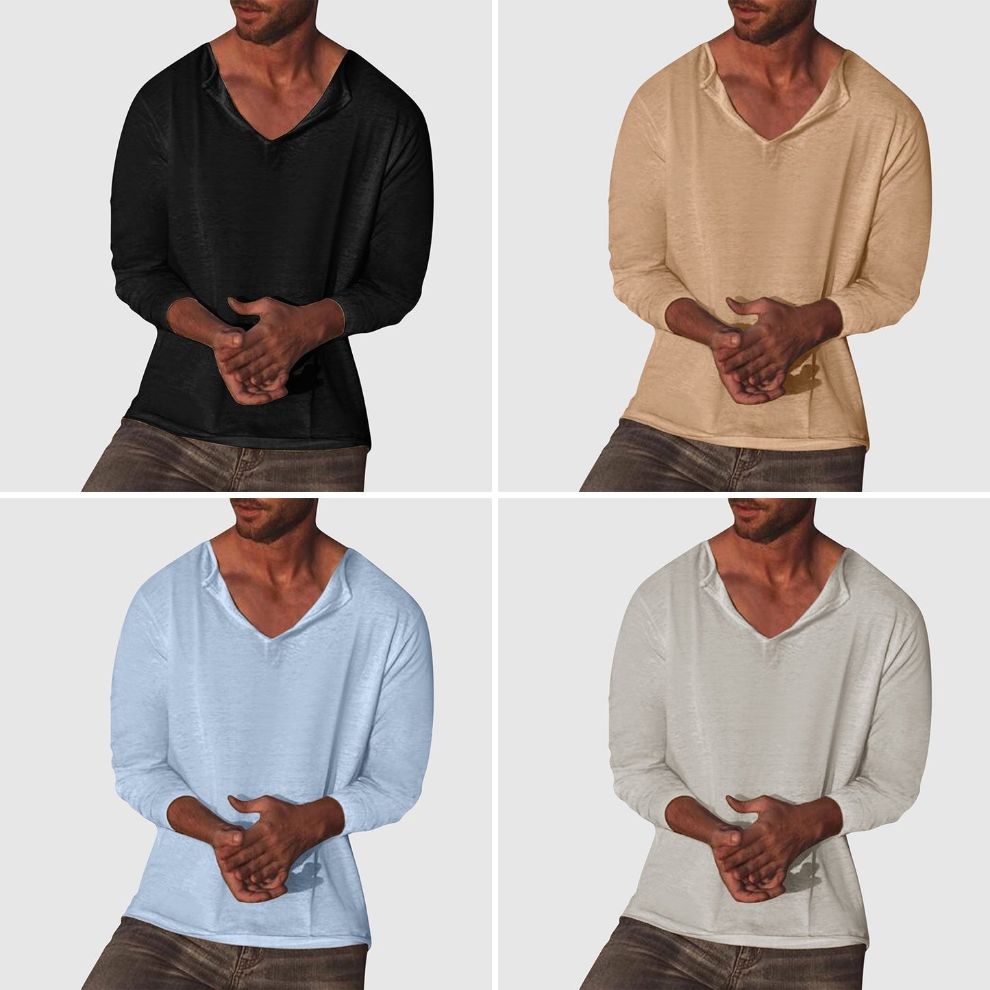 Chemise Lorenzo Vitali Essential Col V en Coton Lin, Manches Longues, Disponible en Quatre Couleurs