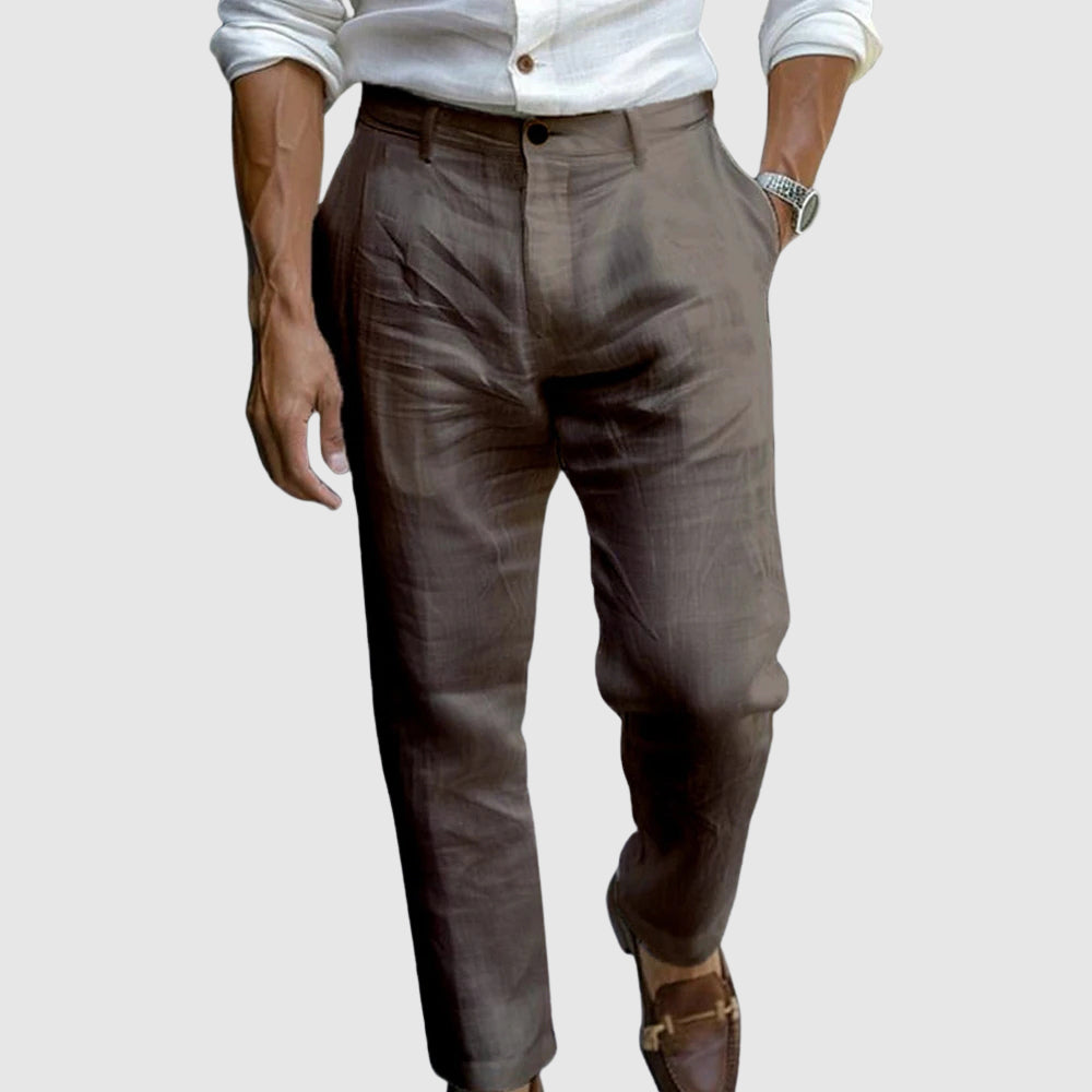 Pantalon Homme En Lin Marine Coupe Classique Jambe Droite Sans Pinces Léger Respirant