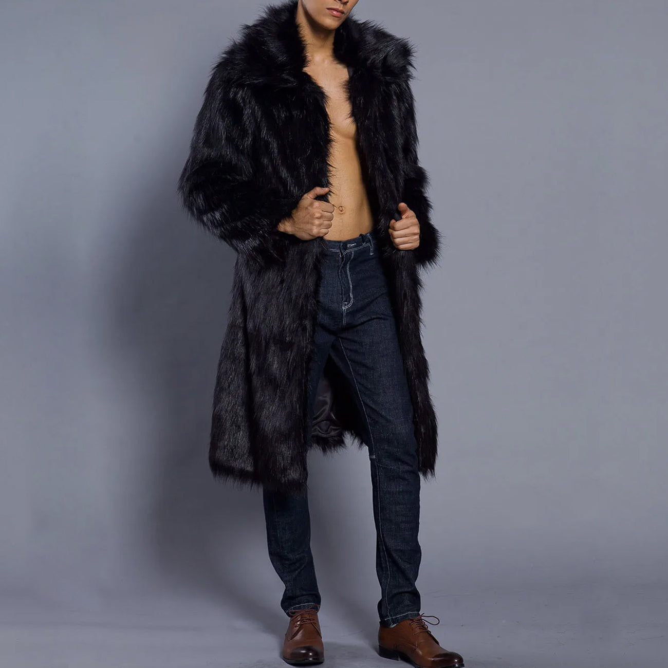 Manteau Homme Oversize En Fourrure Synthétique Longueur Totale Avec Col Volumineux Luxe Hiver