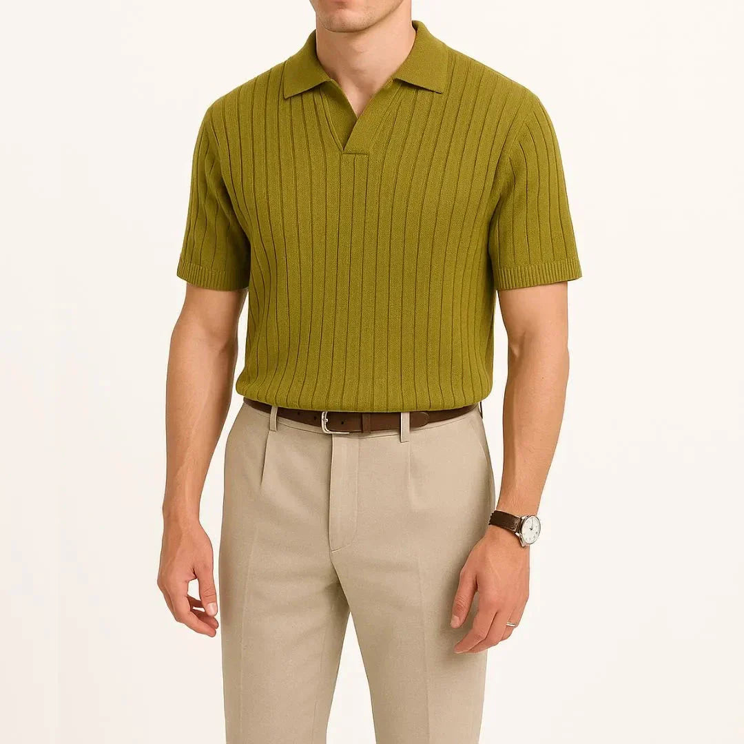 Polo En Maille Côtelée Pour Homme Signé Waylynn Mélange Polyester Viscose Respirant Col Ouvert