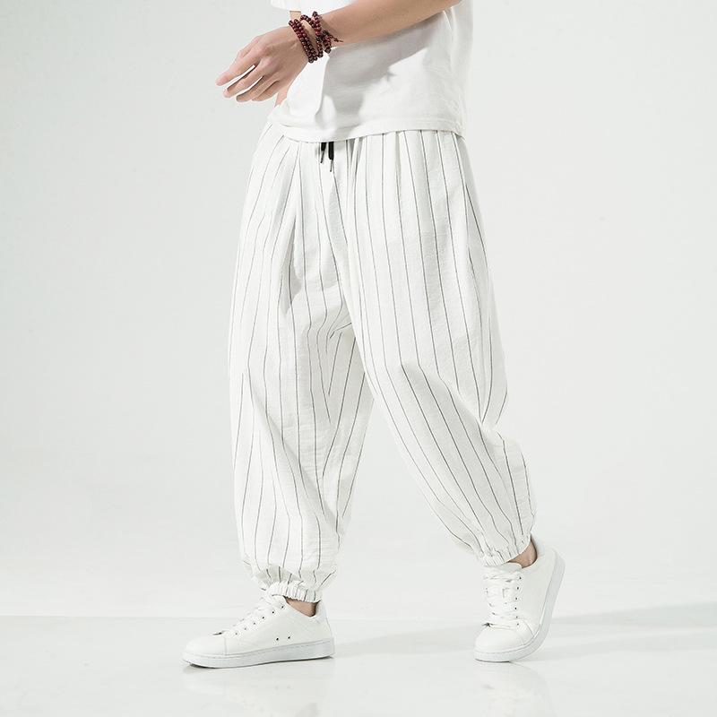 Joggers Harem M Watanabe Inspiré Du Japon Avec Rayures Verticales Et Mélange Coton Lin Doux
