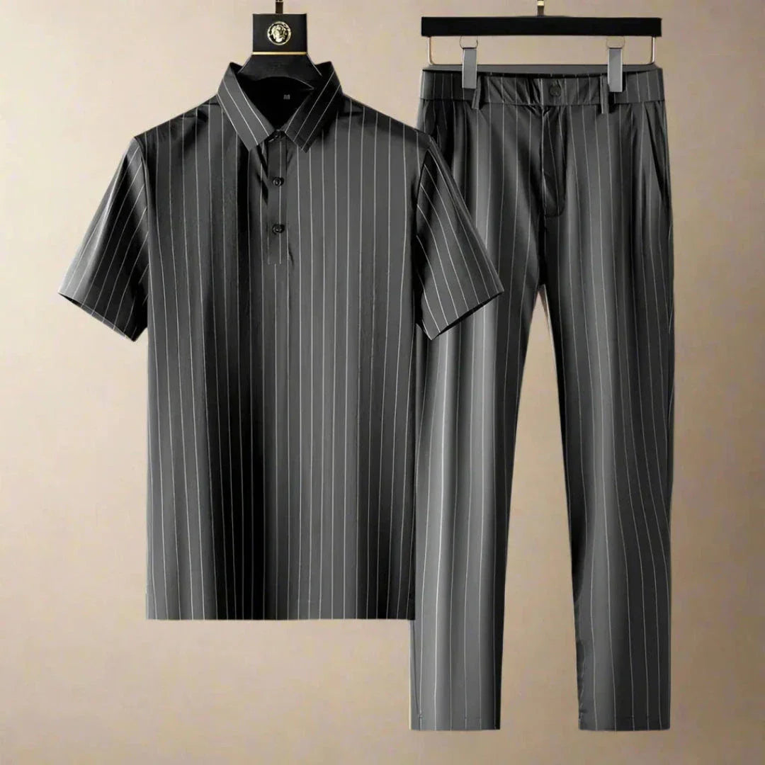 Ensemble Polo Marco À Rayures Verticales Et Pantalon Slim Fit Pour Hommes Décontracté Chic Quotidien
