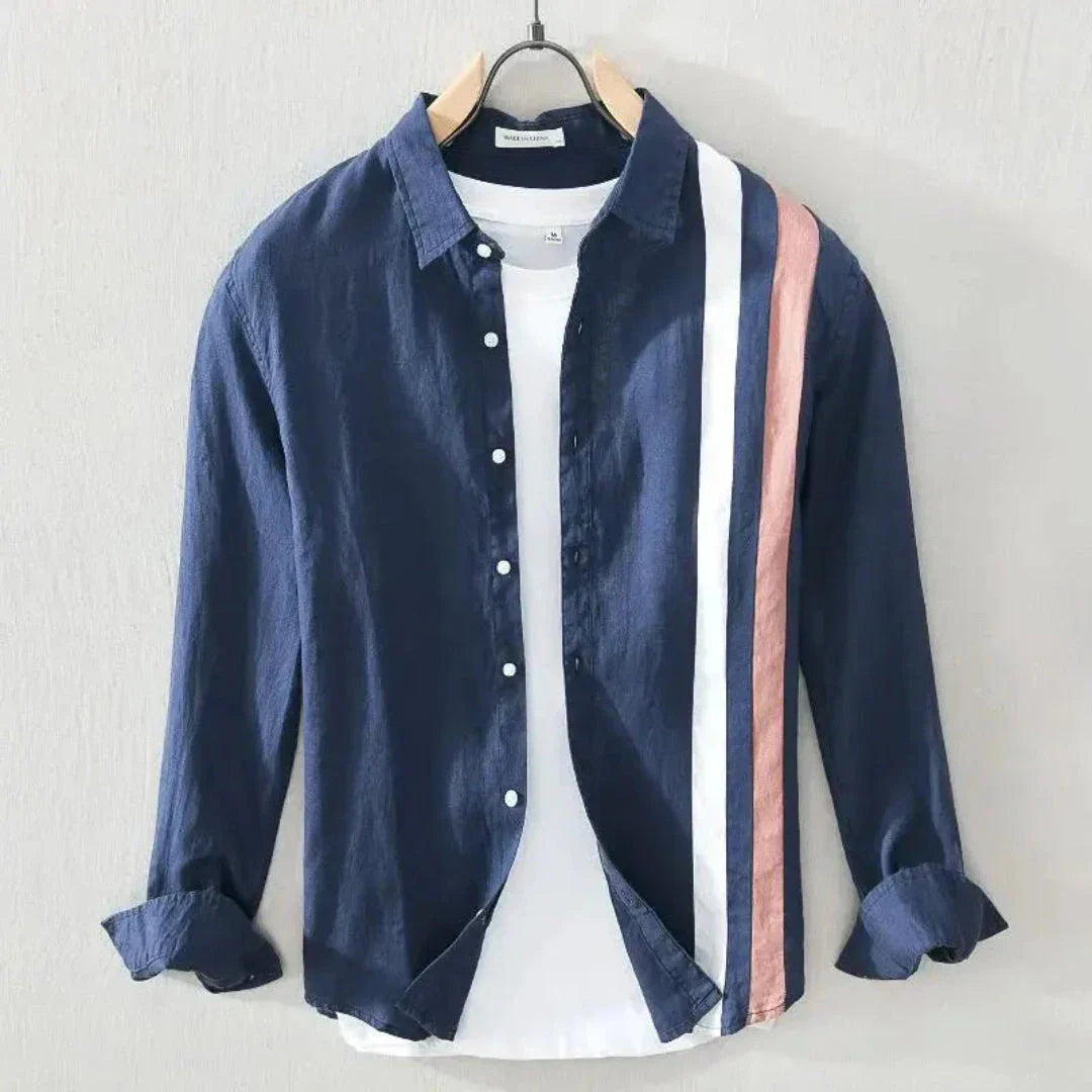 Chemise Marco En Lin À Manches Longues Avec Rayures Doubles Sur La Poitrine Droite Respirante Léger Pour Vacances