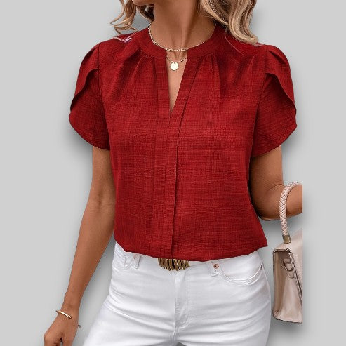 Blouse Maris À Manches Pétales Avec Plis Du Décolleté Et Tissu Léger Pour Un Style Sophistiqué Décontracté