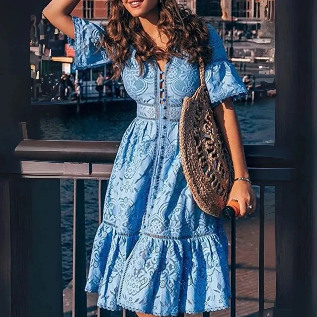 Robe Midi En Dentelle Col V Maris Silhouette Légère Pour Été Réceptions Au Jardin Et Soirées Estivales