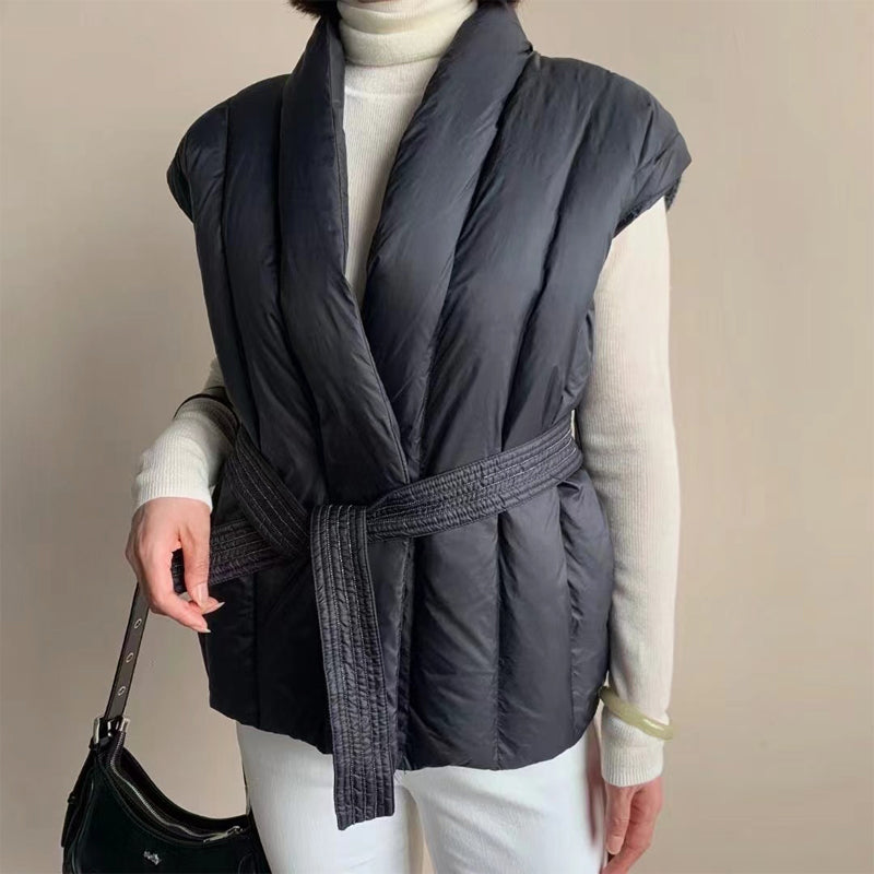 Gilet Matelassé Ceinturé Doux Enveloppant Sans Manches Pour Superpositions Chaudes Et Confortables