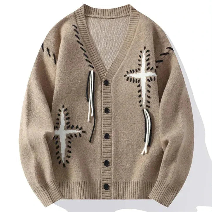 Cardigan Boutonné Col En V Inspiré Design Japonais Avec Points Couture Audacieux Et Fils Pendants Pour Style Décontracté