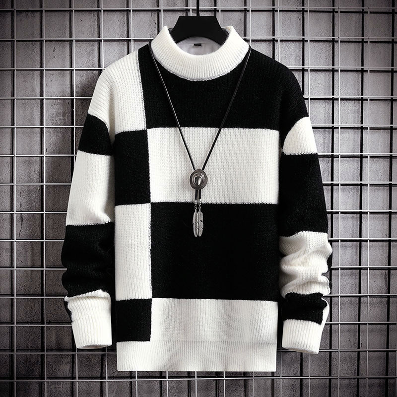 Pull Homme En Maille À Motif Carreaux Col Montant Tons Neutres Pour Tenue Décontractée Et Chic Amawinc