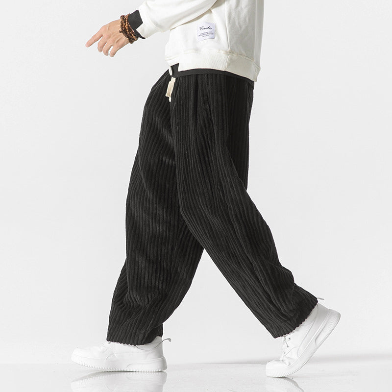 Pantalon Homme En Velours Côtelé À Jambe Large Avec Taille Élastique Et Coupe Décontractée En Coton