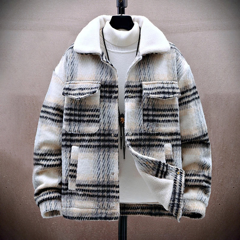Veste Homme Hiver à Carreaux Doublure Polaire Col Peluche Chaud Pour Plein Air Confort