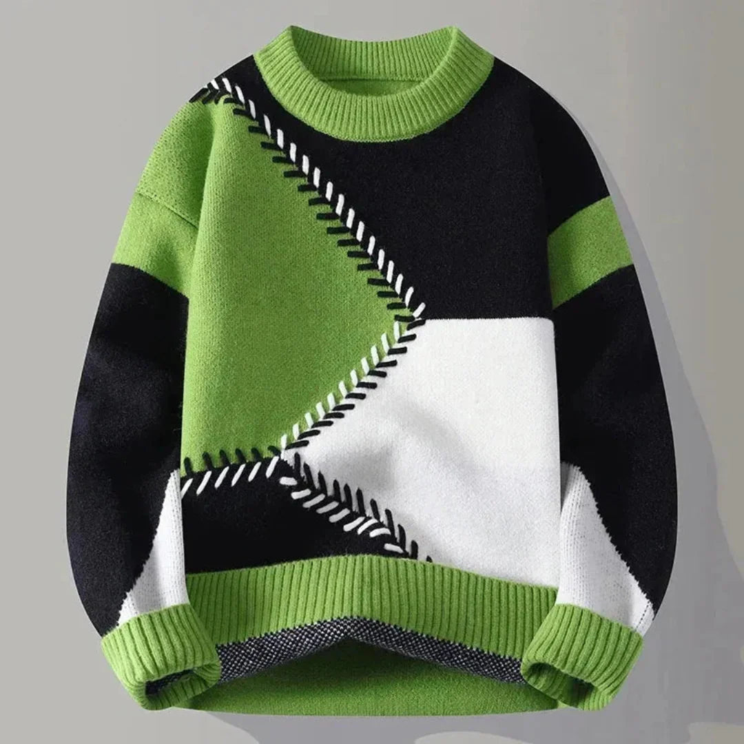 Pull Homme En Maille Bloc Couleur Géométrique Avec Couture Contrastée Premium Chaud Et Décontracté