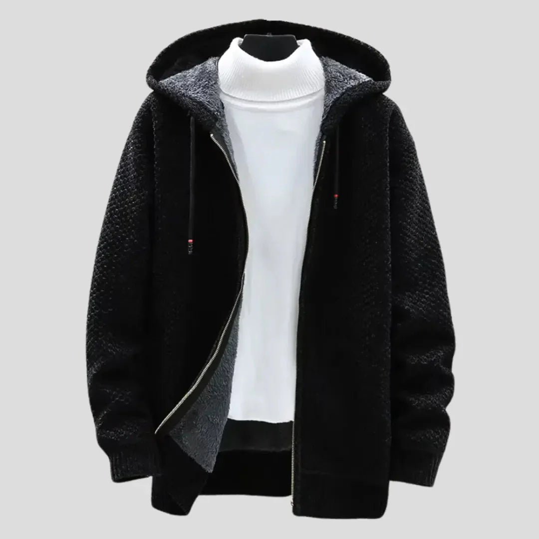 Sweat À Capuche Homme En Polaire Tricot Zip Doublure Pelucheuse Extérieur Fermeture Éclair Complète Coupe Décontractée
