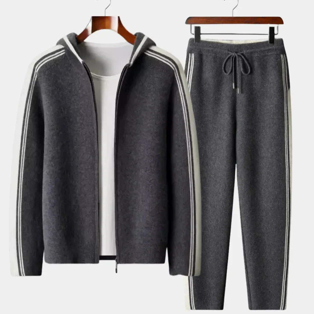 Waylynn Ensemble Hoodie Zip En Maille Et Jogging Pour Hommes À Rayures Contrastées Confort Quotidien Décontracté