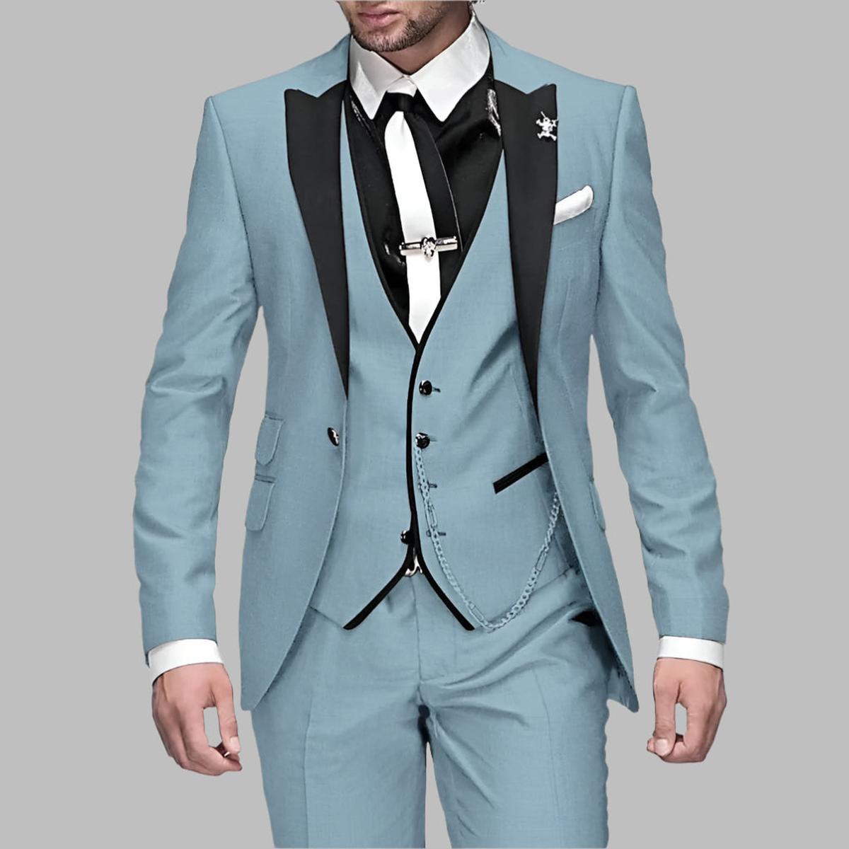 Costume De Mariage Trois Pièces Homme Luxueux Vert Émeraude Revers Noirs Et Détails En Chaîne Argentée