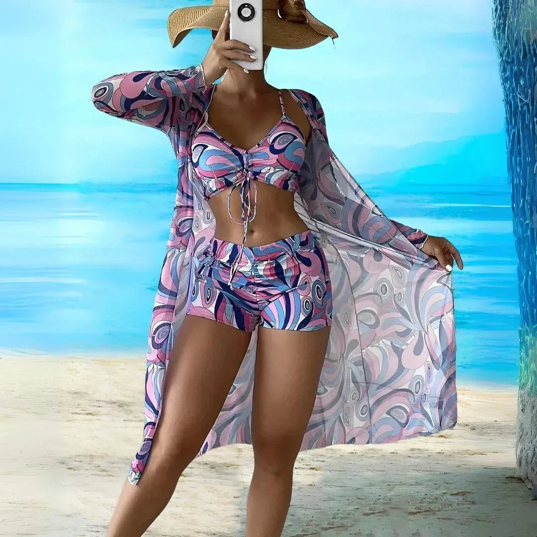 Ensemble Bikini Mika Imprimé Style Rétro 3 Pièces Avec Haut Ruché À Cordon Short Taille Haute Et Voile Long Transparent