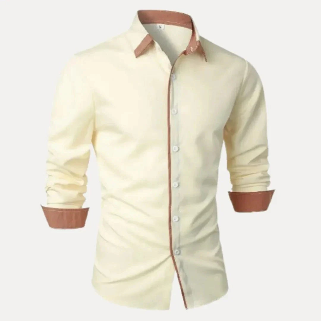 Milo Chemise Homme À Manches Longues Contrast Plastron Tan Col Boutonné Et Bordure Des Poignets Coupe Slim