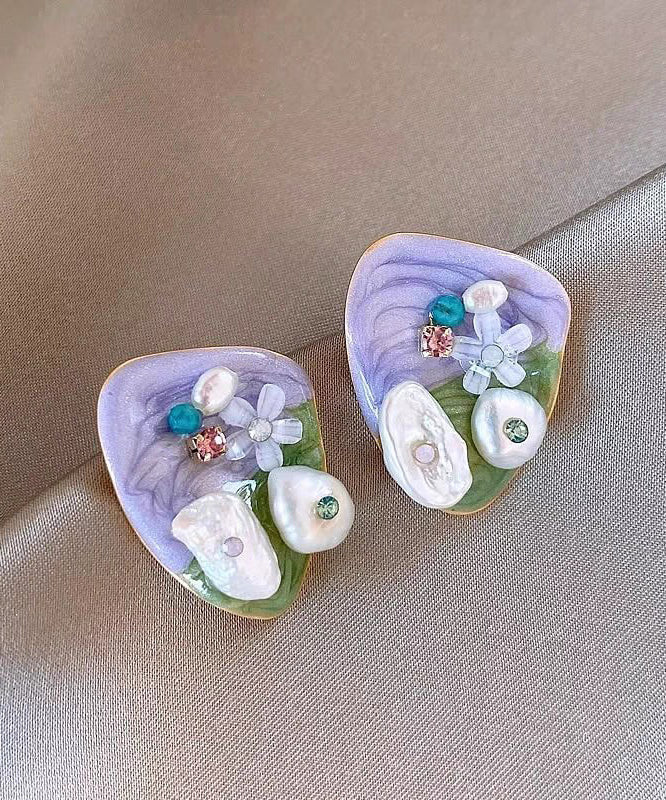 Boucles d'oreilles à tige modernes en alliage violet clair avec perles de riz florales en zircon - Amawinc