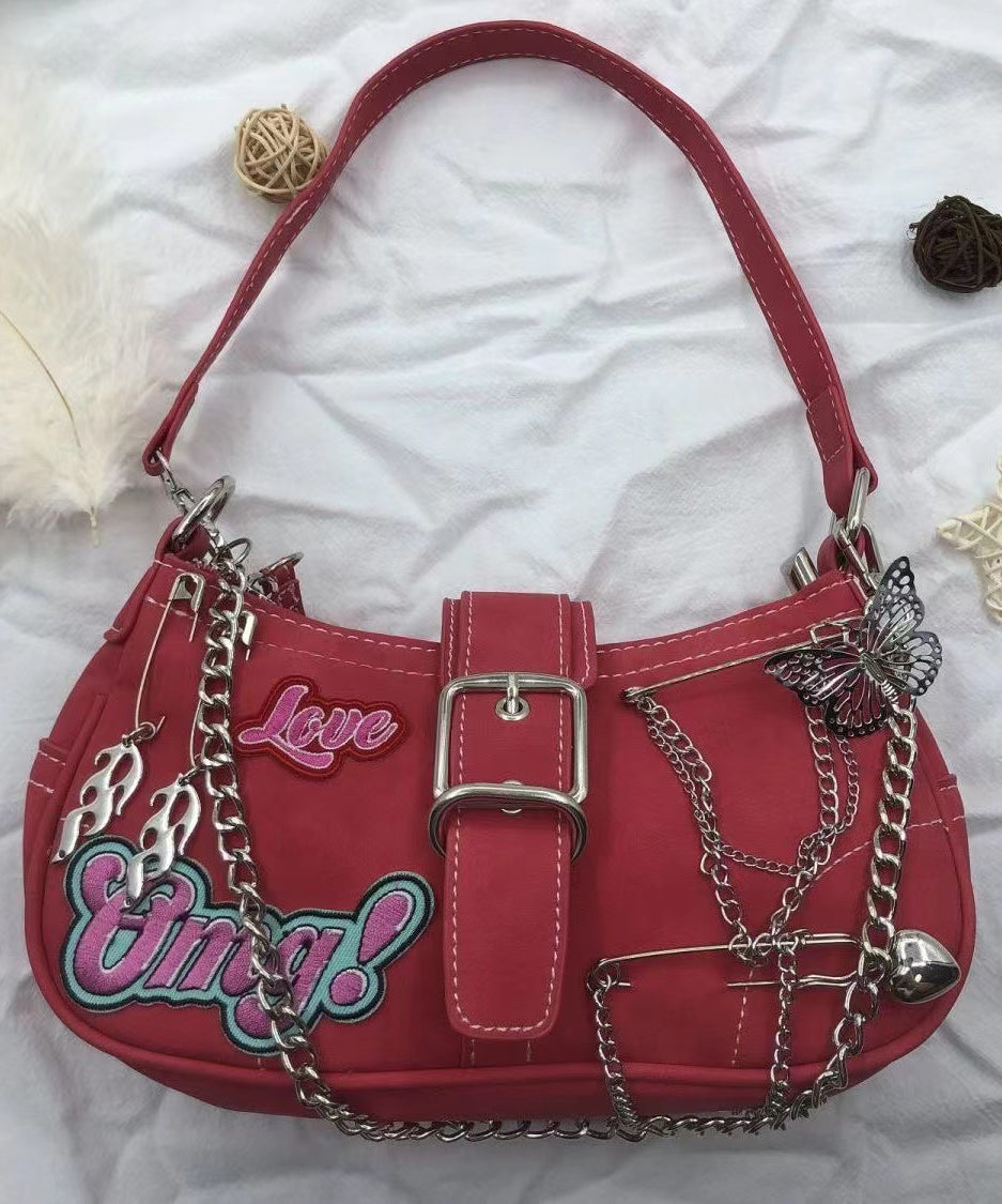 Sac à main moderne en similicuir avec chaîne brodée rouge - Amawinc