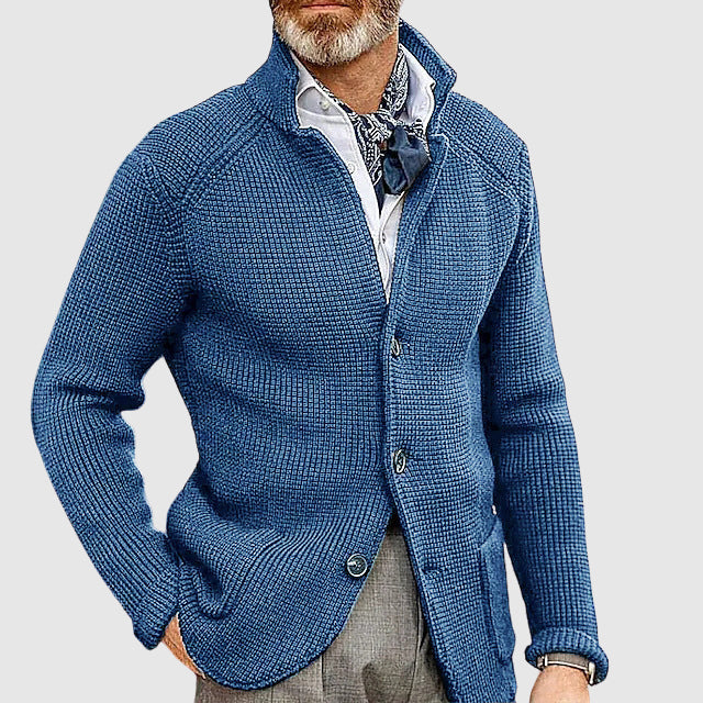 Cardigan Boutonné Moderne en Maille Mélange Coton à Trame Gaufreuse avec Col Revers Doux et Coupe Tailorée