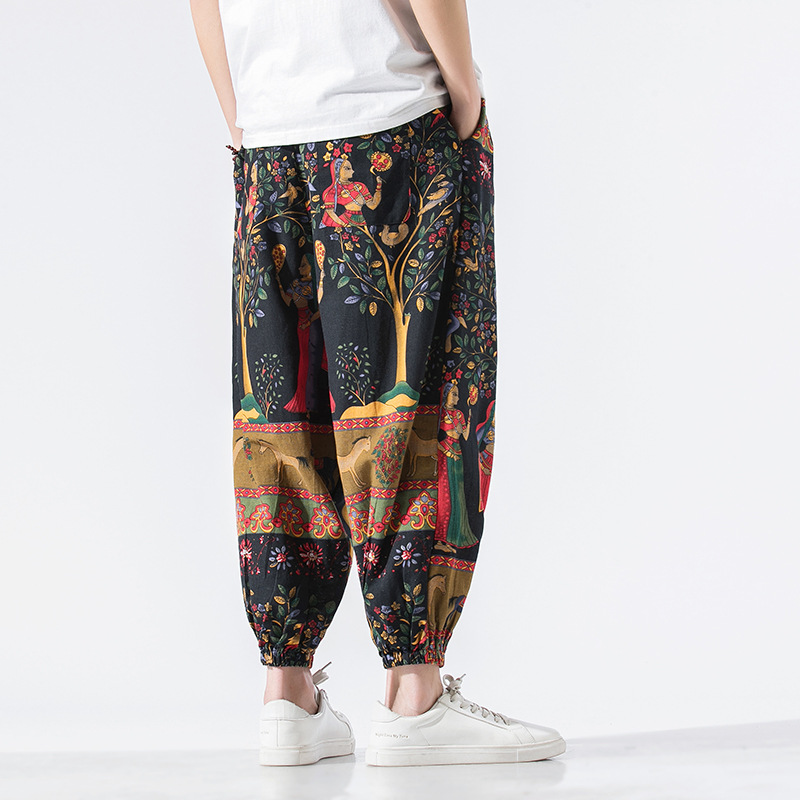 Murakami Freeflow Joggers Imprimé Abstrait À Encre Fluide Tissu Coton Lin Respirant Ceinture Élastique