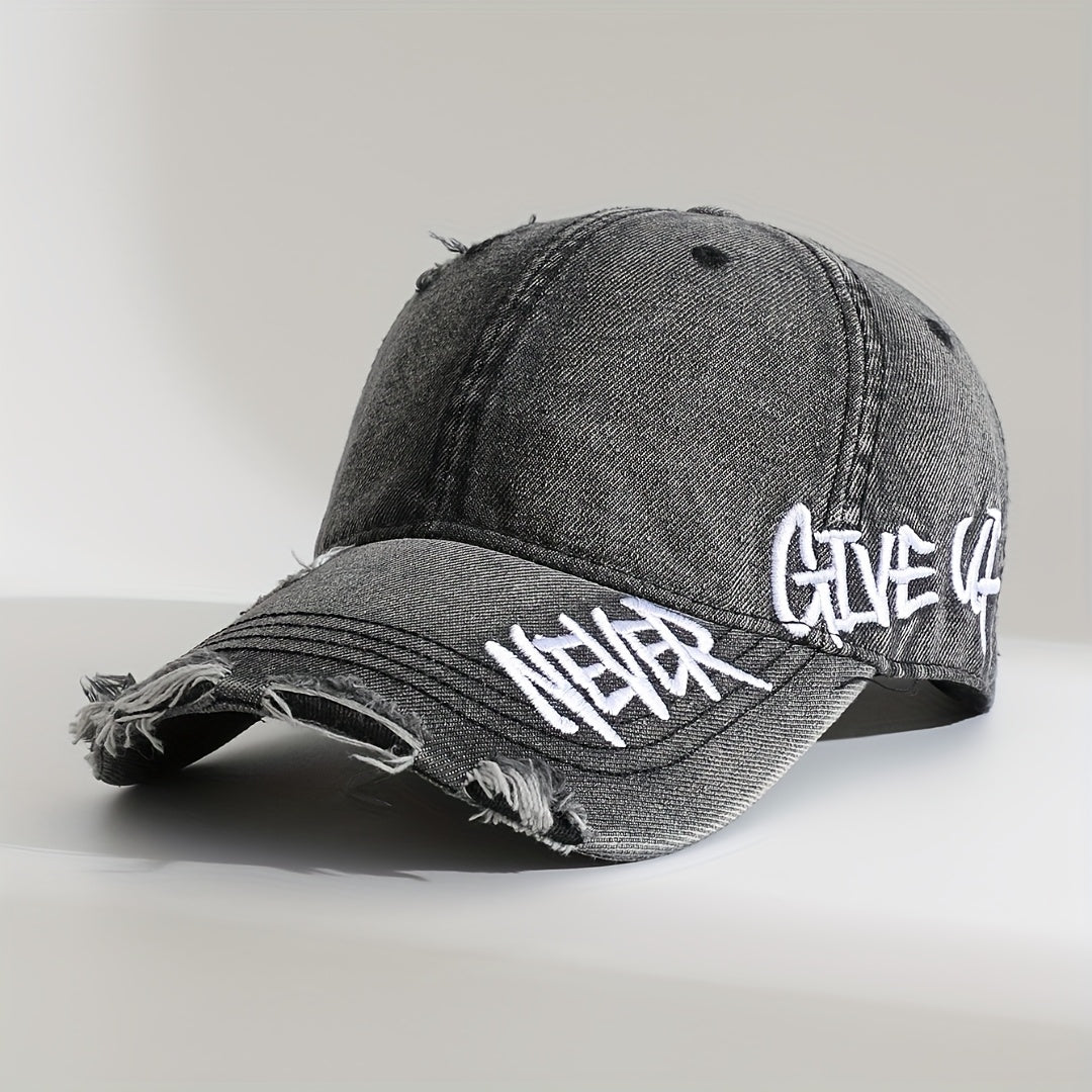Casquette Denim Lavé Unisexe Never Give Up Avec Broderie Graffiti Ajustable Pour Tous Les Jours