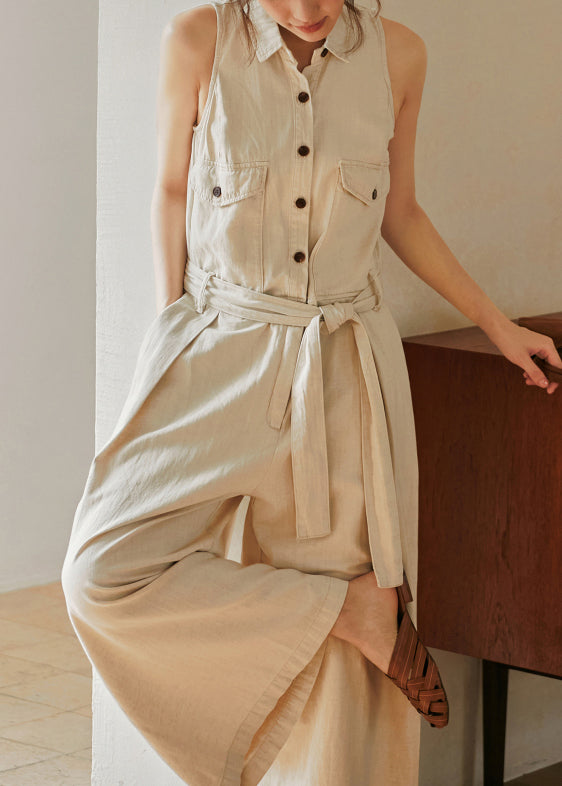 Nouvelle combinaison beige en coton à lacets et col Peter Pan, sans manches - Amawinc