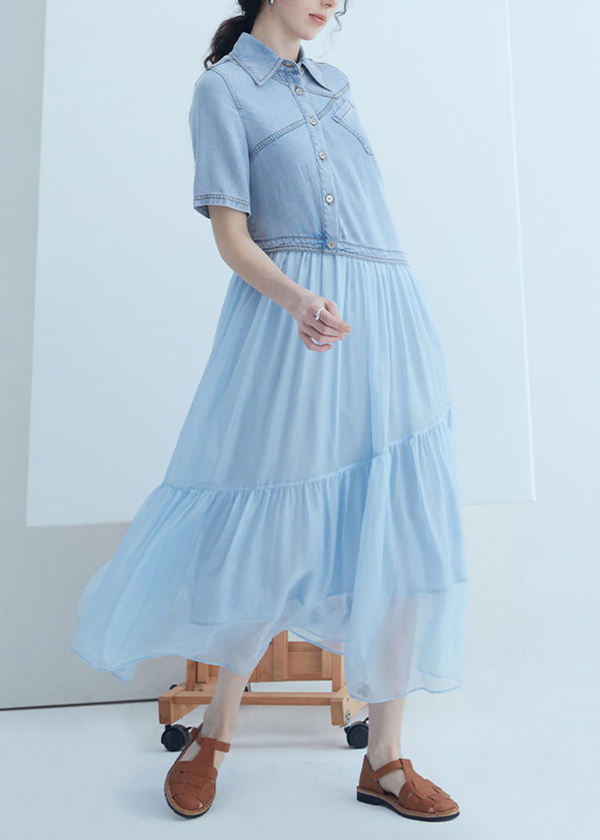 Nouvelle robe d'été asymétrique en denim bleu à col Peter Pan et patchwork de soie - Amawinc