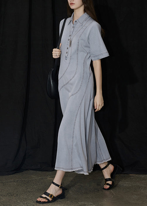 Nouvelles robes longues en denim bleu à col Peter Pan et patchwork pour l'été - Amawinc
