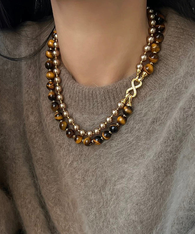 Nouveau collier de perles graduées à double couche en cuivre et œil de tigre - Amawinc
