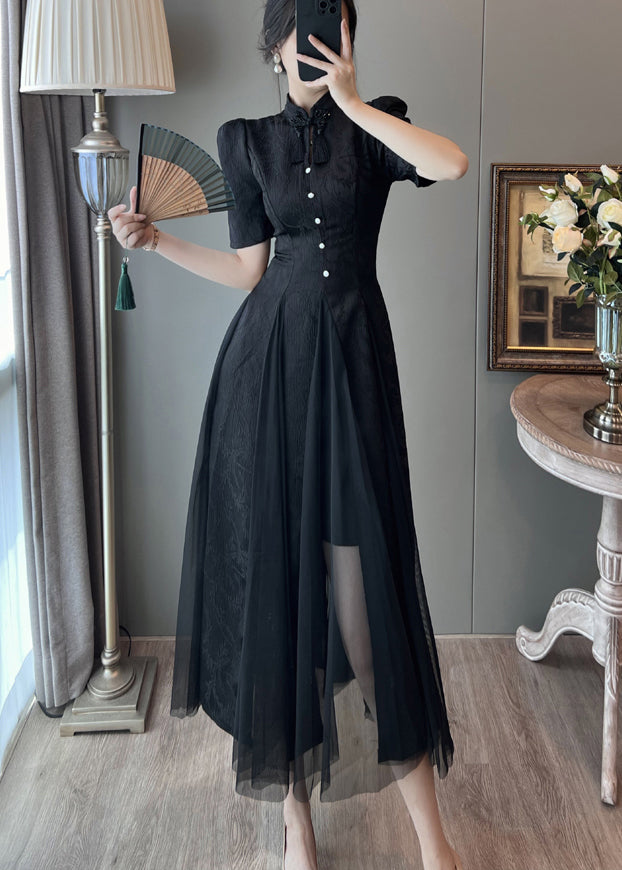 Nouvelle robe d'été rétro noire en tulle à manches bouffantes et patchwork - Amawinc