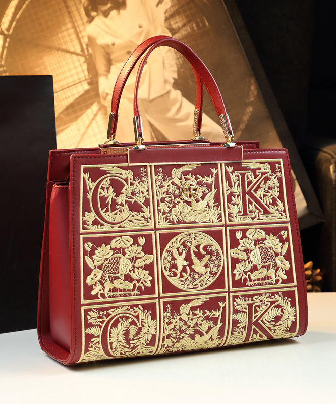 Nouveau sac fourre-tout rétro en cuir de veau brodé rouge - Amawinc