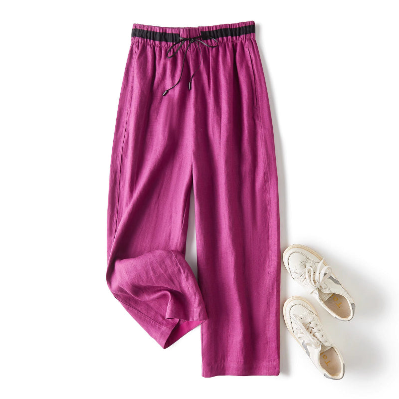 Noa Pantalon En Lin Femme Coupe Droite Décontractée Avec Ceinture À Cordon Contrastant Mélange Lin Léger